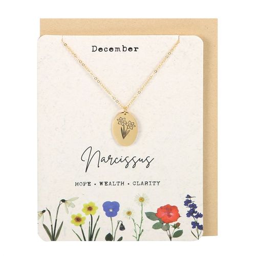 December Birth Necklace Card featuring a Narcissus flower pendant, symbolising hope, wealth, and clarity, from Kimchi Toki