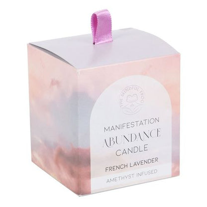 Abundance French lavender crystal chip candle in a beautifully designed box with pink tones for manifestation and relaxation