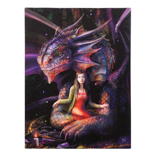 Spirit Dragon Canvas Art depicting a woman with a dragon in a mystical forest, featuring vibrant colors and detailed design.