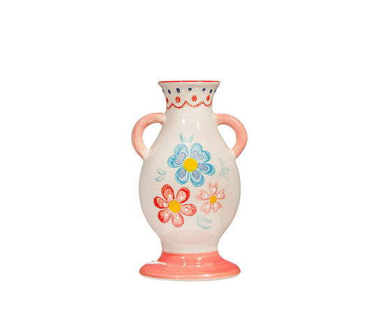 Geko Products folk floral vase with colorful hand-painted flowers and two side handles