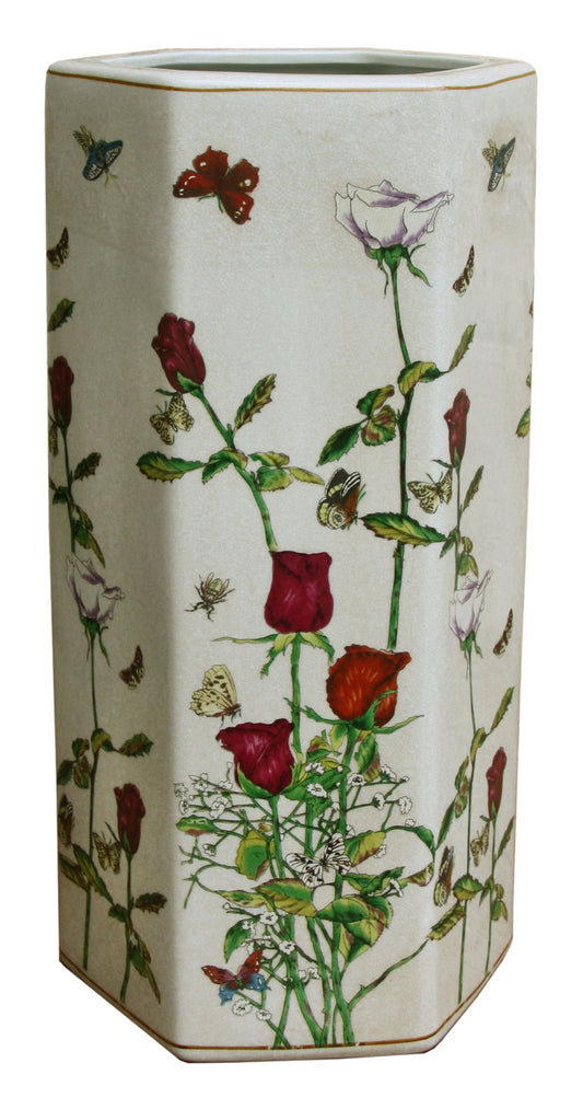 Hexagonal ceramic umbrella stand with floral and butterfly design by Geko Products