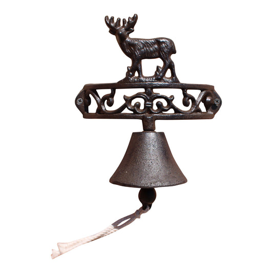 Rustic cast iron wall bell with a decorative moose figure and hanging rope from Geko Products