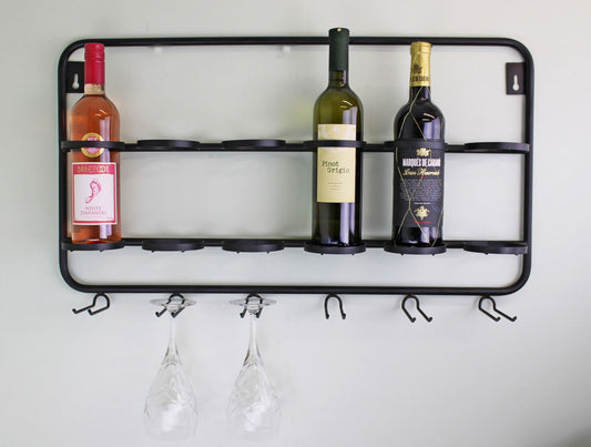 Geko Products black metal wall mounted wine rack holding three bottles and hanging two wine glasses