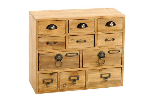 Geko Products 11 drawer storage unit in natural wood with metal handles and vintage style