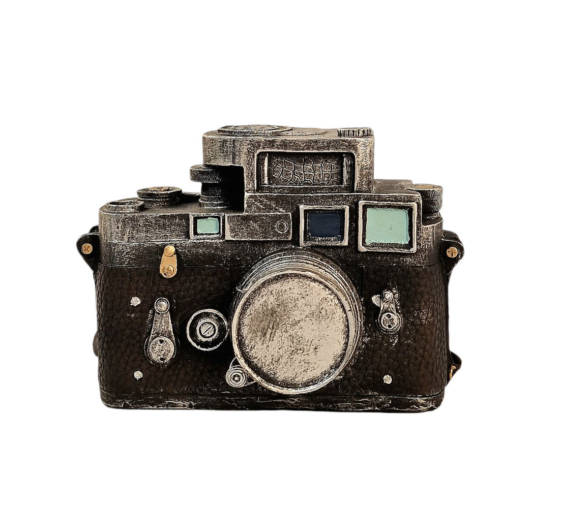 Geko Products 18cm camera piggy bank designed like a vintage black and silver camera