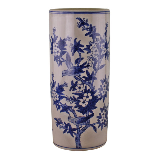 Vintage blue bird umbrella stand with elegant blue floral and bird design on beige ceramic