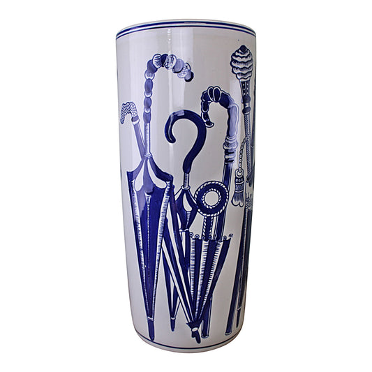 Geko Products vintage blue umbrella stand with painted classic umbrella designs on white ceramic