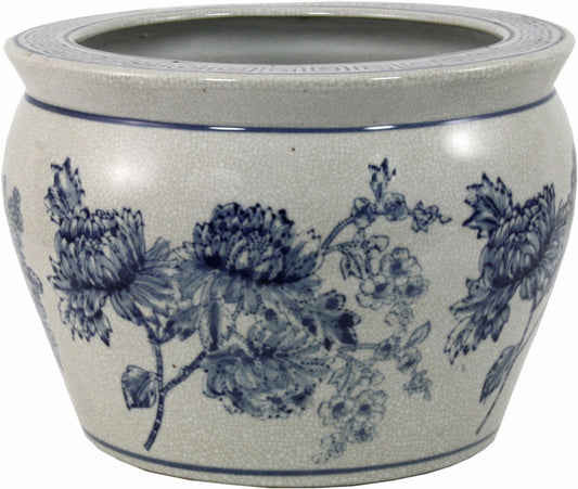 Geko Products vintage ceramic planter with blue floral design and textured crackle finish