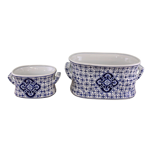 Set of two vintage ceramic planters with blue decorative patterns and side handles