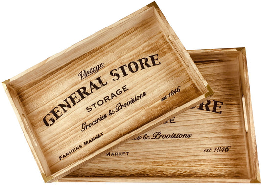 Geko Products solid wood serving trays with vintage general store design and raised edges