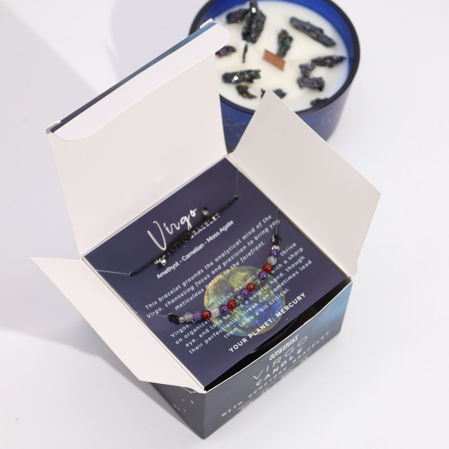 Open Virgo bracelet box included with Zodiac Crystal Candle and Gemstone Bracelet