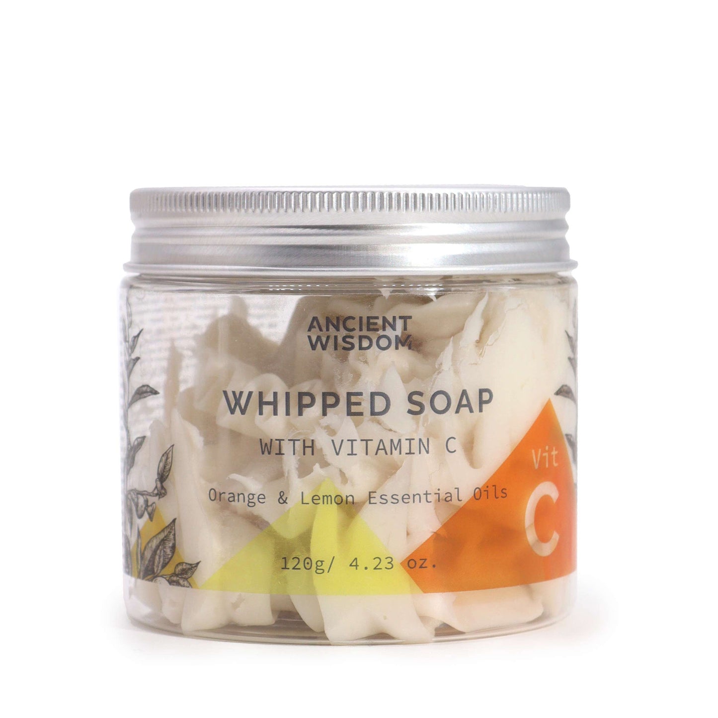 Vitamin C infused soap with orange and lemon essential oils in a glass jar