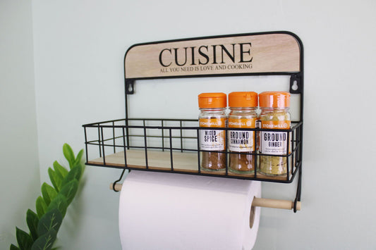 Geko Products wall hanging kitchen storage with black metal frame and wooden accents holding spice jars and paper towels
