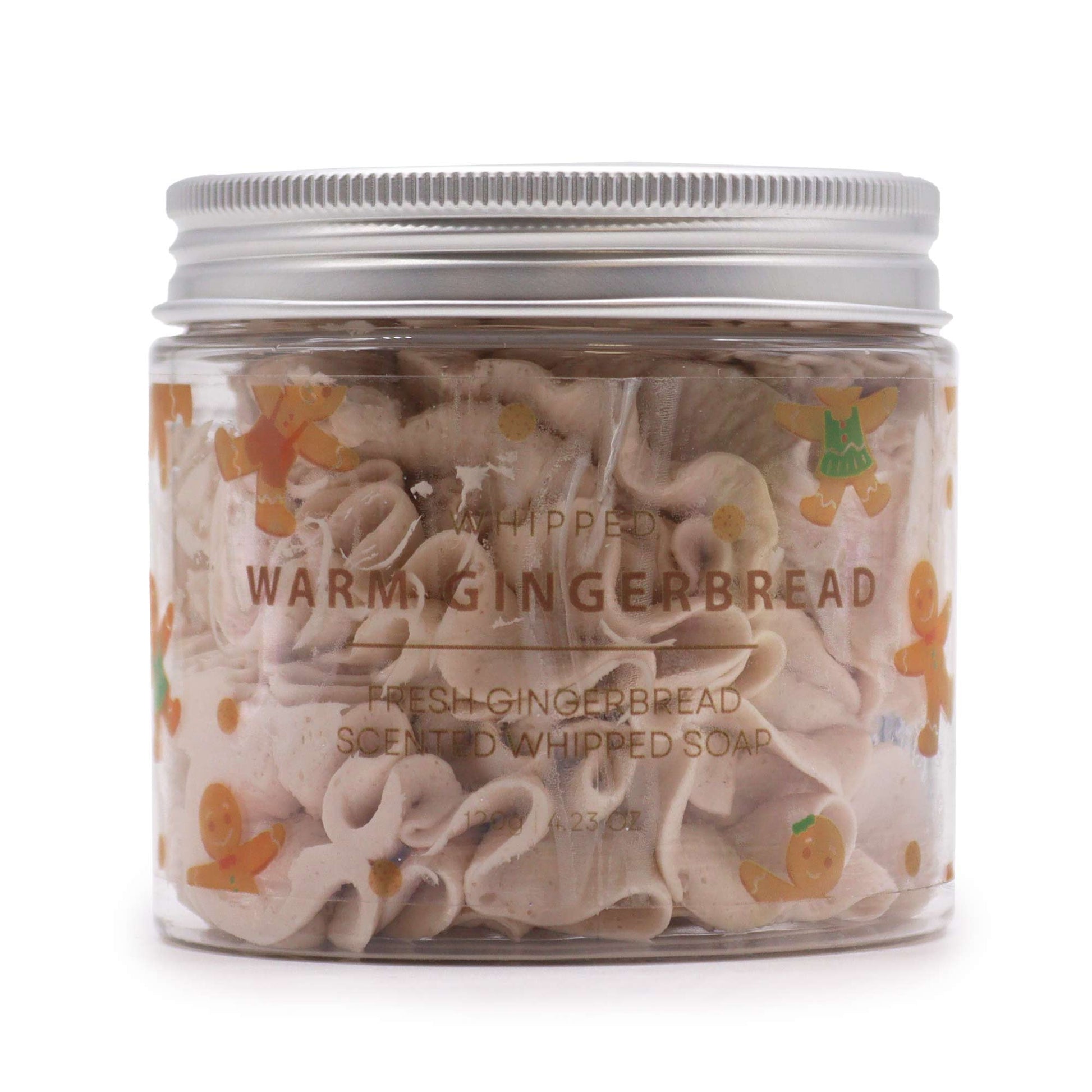 Beautiful and yummy Warm Gingerbread Whipped Soap in a clear jar with festive gingerbread design