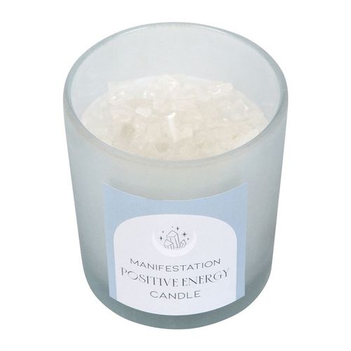 White sage crystal chip candle for positivity with a frosted glass container and soothing crystal chips