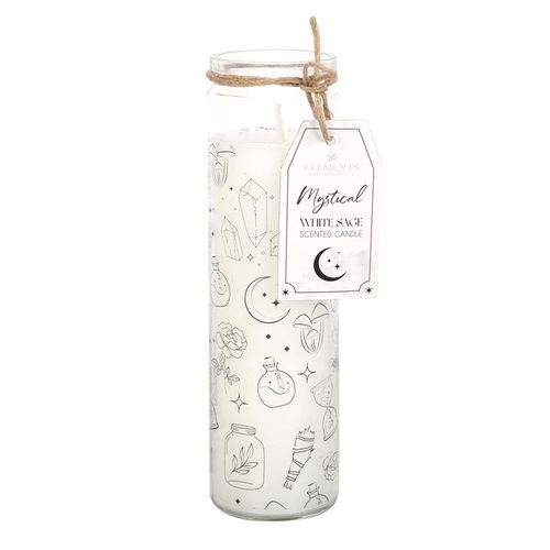 Mystical White Sage Scented Candle with Spiritual Symbols in Glass Container for Mindfulness and Relaxation