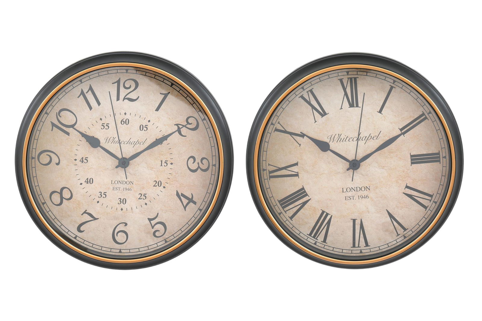 Geko Products antique wall clock Roman numerals with vintage style black frame and cream face