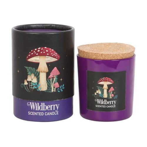 Forest Mushroom Wildberry scented candle in a purple jar with cork lid, featuring vibrant forest design