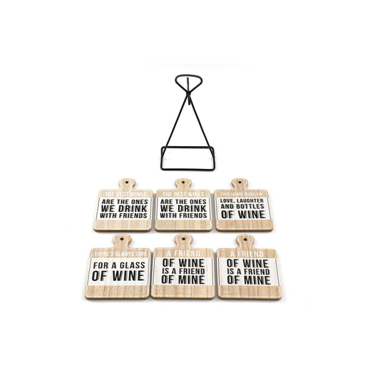 Geko Products wine slogan coasters set with black metal stand featuring humorous wine quotes on wooden paddles