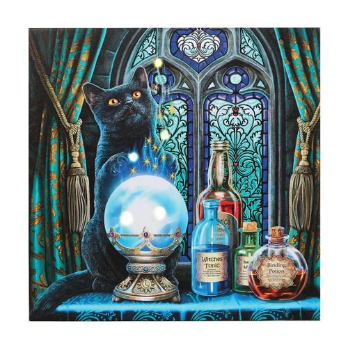 The Witches Apprentice Light Up Canvas Plaque featuring a black cat and witch themed wall art with potions