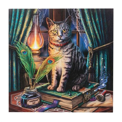 Book of Shadows Light Up Canvas Plaque featuring a cat, ideal for witchy home decor ideas