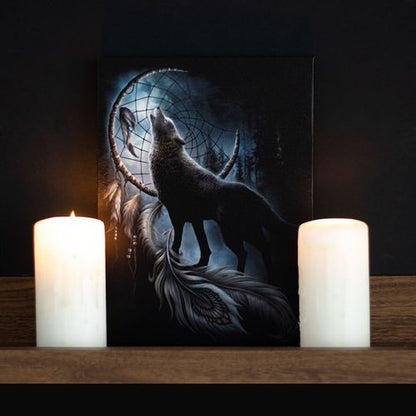 Wolf dreamcatcher canvas art by Spiral Direct featuring a wolf howling at a dreamcatcher