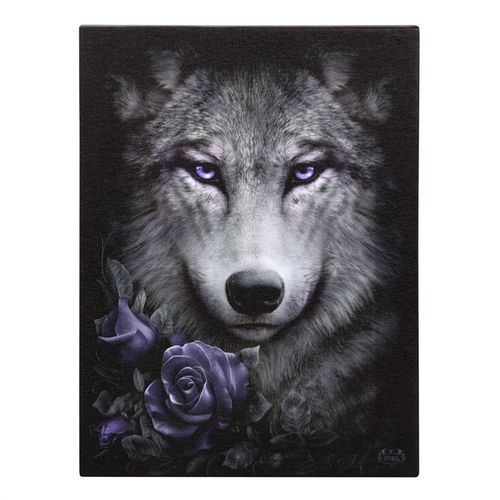 Wolf rose canvas art featuring a striking wolf face with purple roses, ideal wall art for home decor