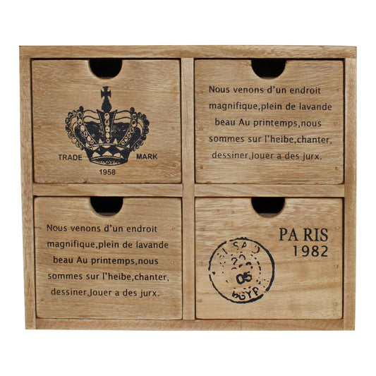 Geko Products 4 drawer trinket storage with vintage wood design and French text accents