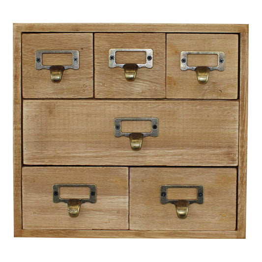 Geko Products 6 drawer storage unit made of natural wood with metal label holders and brass handles