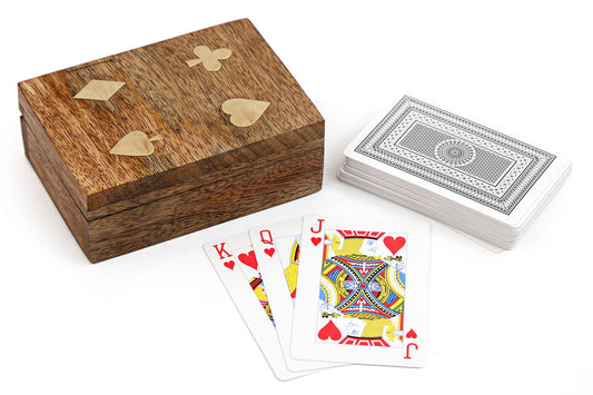 Geko Products wooden box playing cards with intricate suits design and fanned out face cards on white background