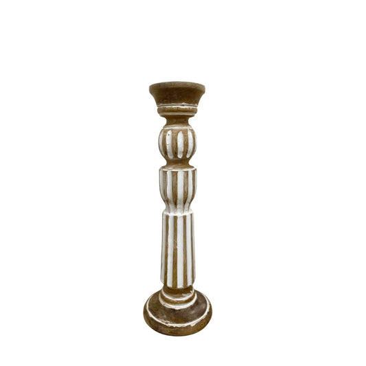 Geko Products wooden candle stick 45cm with carved details and white accents
