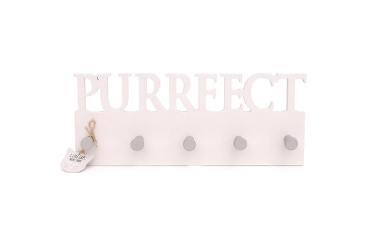 Geko Products white wooden cat hook rack with five pegs and PURRRFECT lettering