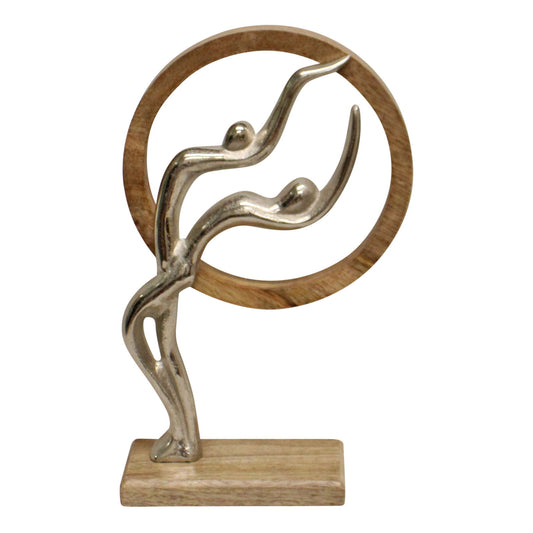 Geko Products wooden circle sculpture decor with abstract silver figures mounted on wooden base