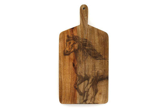 Geko Products engraved horse chopping board made of wood with detailed horse design and handle