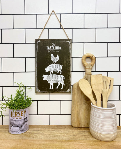 Geko Products wooden hanging plaque with farm animal cuts chart hanging on tiled kitchen wall