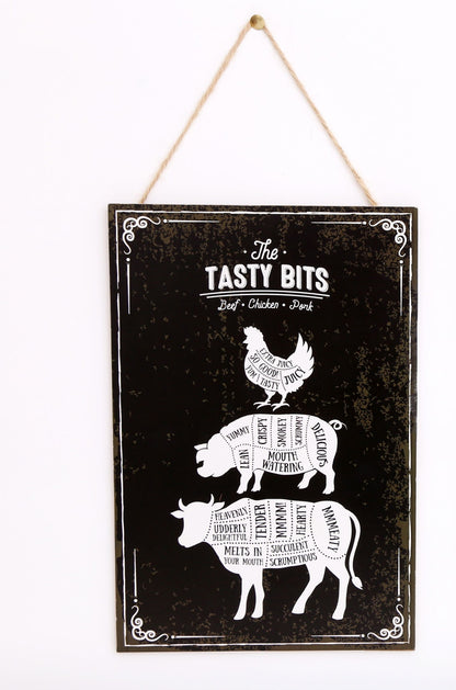 Geko Products wooden hanging plaque with black background and white farm animal illustrations for kitchen decor