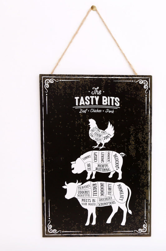 Geko Products wooden hanging plaque with black background and white farm animal illustrations for kitchen decor