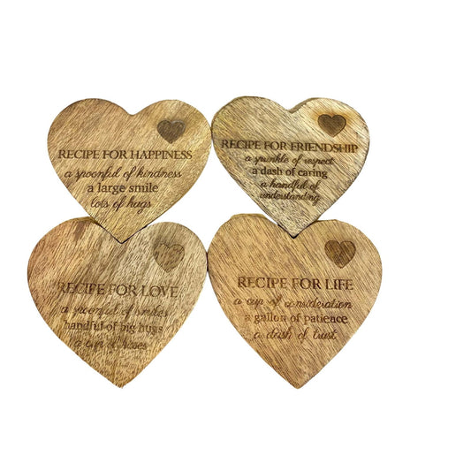 Geko Products wooden heart coasters set with engraved recipes for happiness friendship love and life