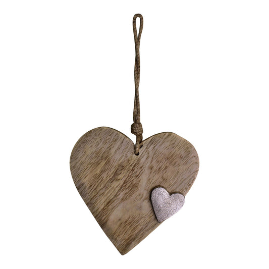 Geko Products wooden heart ornament with natural wood texture and small decorative silver heart