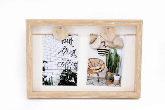 Geko Products wooden heart photo frame with two hanging photos and natural wood finish