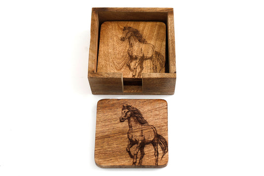 Wooden horse coasters set with engraved horse design and matching wooden holder by Geko Products