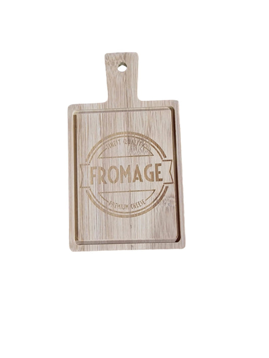 Geko Products wooden mini platter with handle and fromage engraving for serving cheese