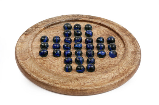 Geko Products wooden solitaire board game with round wooden board and black and blue marbles