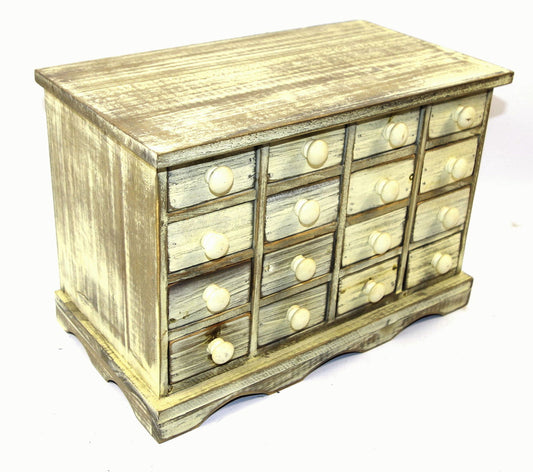 Geko Products vintage style wooden storage drawers with multiple small compartments and distressed finish