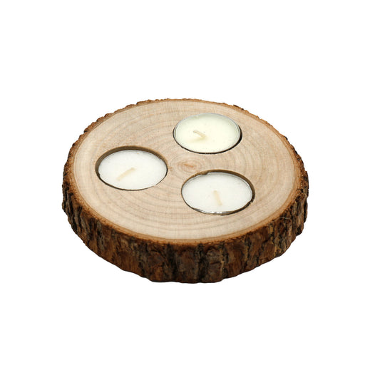Geko Products wooden tealight holder featuring natural tree bark edge with three white candles