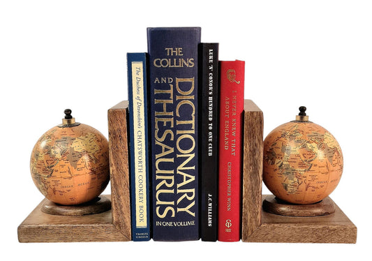 Geko Products world globe bookends set with vintage-style globes and wooden bases holding books upright