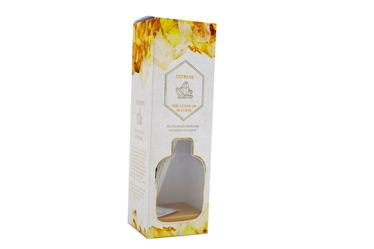 Geko Products Yellow Citrine Diffuser 100ml packaging with yellow crystal design and window display