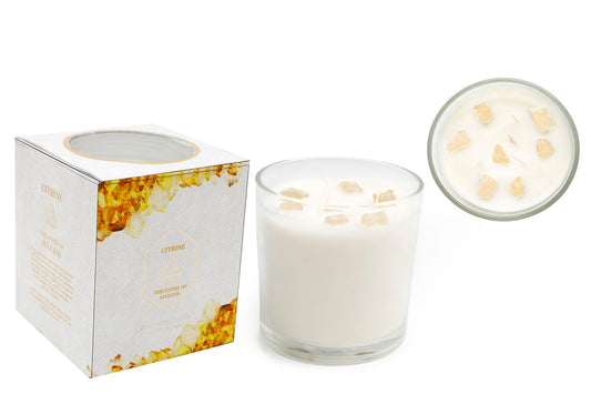 Yellow crystal candle 12x12cm by Geko Products in clear glass with natural crystal pieces