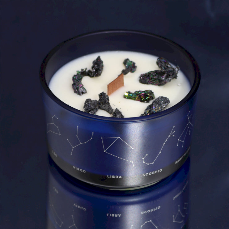 Zodiac Crystal Candle with Gemstone Bracelet featuring vibrant crystals and zodiac symbols